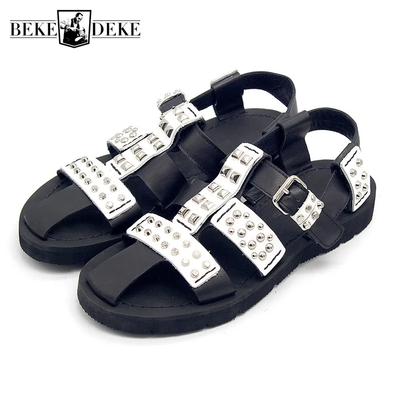 

2019 NEW Punk Style Rivet Hollow Out Bandage Gladiator Sandals Men Personality Genuine Leather Outdoor Walking Sandals Casual