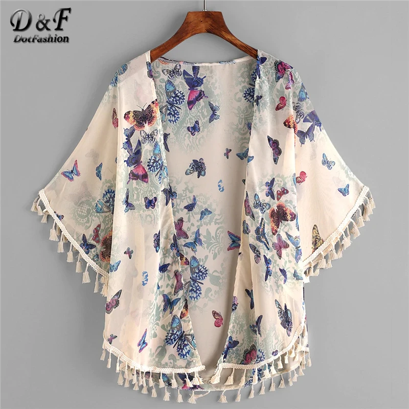 Dotfashion Butterfly Print Fringe Trim Top Kimono Womens Tops And Blouses 2019 Summer Casual Beachwear Short Sleeve Kimonos