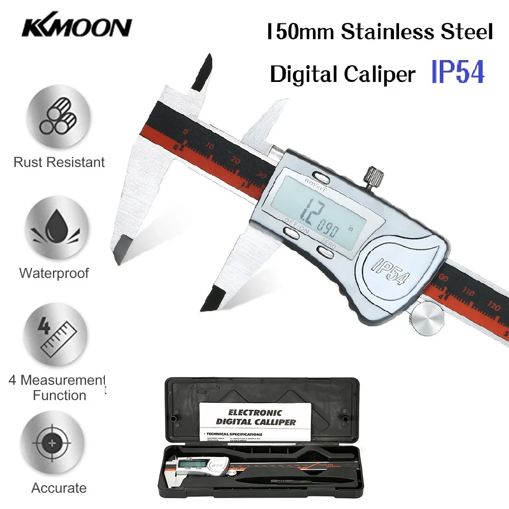 

KKMOON Digital Caliper IP54 150mm Waterproof Stainless Steel Scales Callipers 1/64 Fraction/mm/inch LCD Display Vernier Caliper
