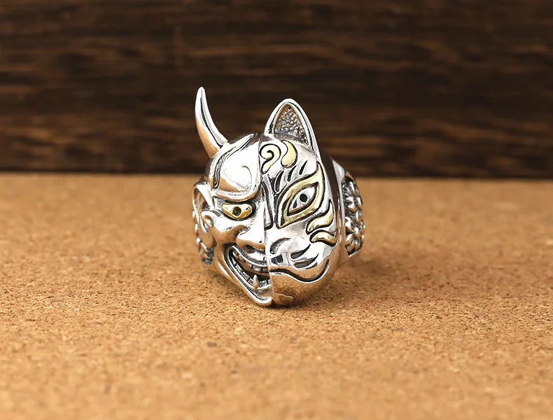 

Evil Punk Hiphop Rock S925 Sterling Thai Silver Prajna Mask Devil Rings for Men Male Fine Jewelry Gift US Size Adjustable 9-11.5