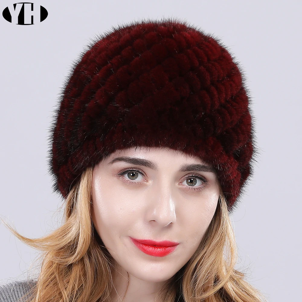 

2019 new arrival women real mink fur hat classic knitted genuine mink cap elastic warm brand wool lining thick fashion