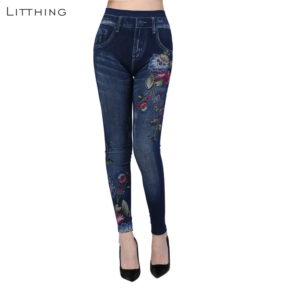 

LITTHING 2019 Summer New Women Long Pants Casual Slim Pencil Jeans Casual Skinny Floral Embroidery Zipper Button Pocket Trousers