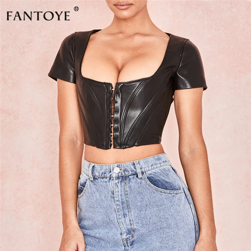 

Fantoye PU Leather Bodycon Women Crop Top Sexy Black Summer Autumn Mini Tank Top Femme Sexy Party Haut Ladies Bustier Short Tops