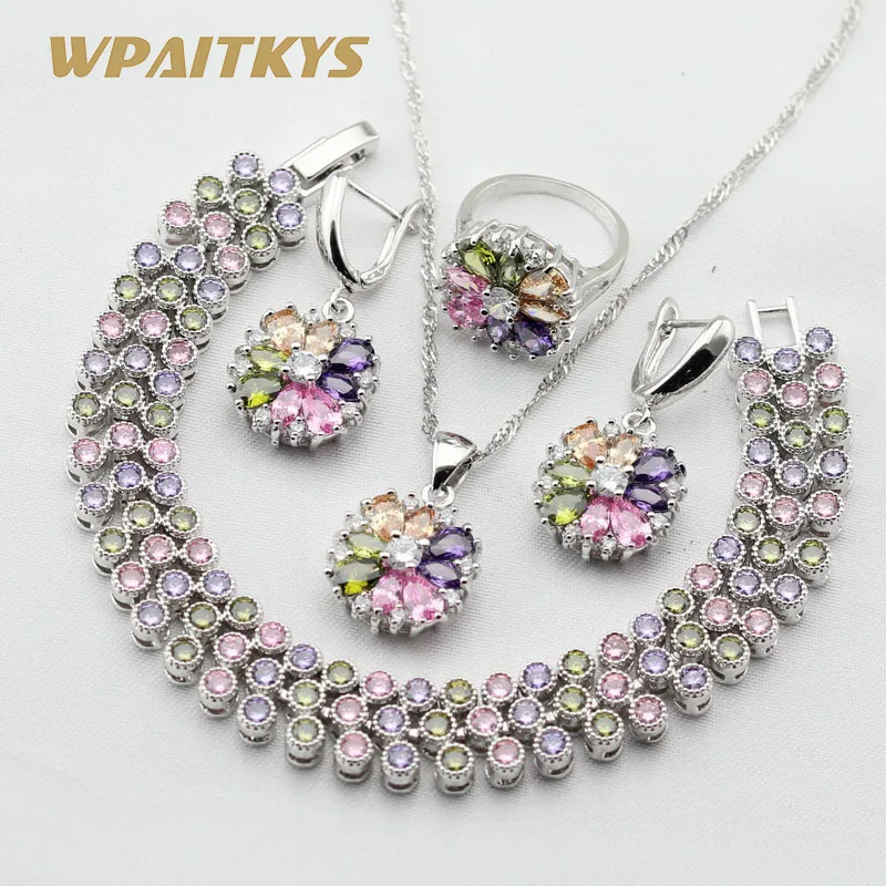 

Silver Color Party Jewelry Sets Created Multicolor Stones CZ Necklace Pendant Bracelets Earrings Rings For Women Free Gift Box