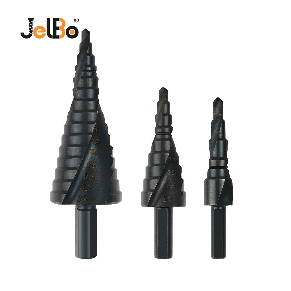 

JelBo 3pc/Set Spiral Grooved Step Drill Bit Set HSS Metal Triangle Shank Nitrogen Step Drill Bits by Power Tool for Wood, Metal