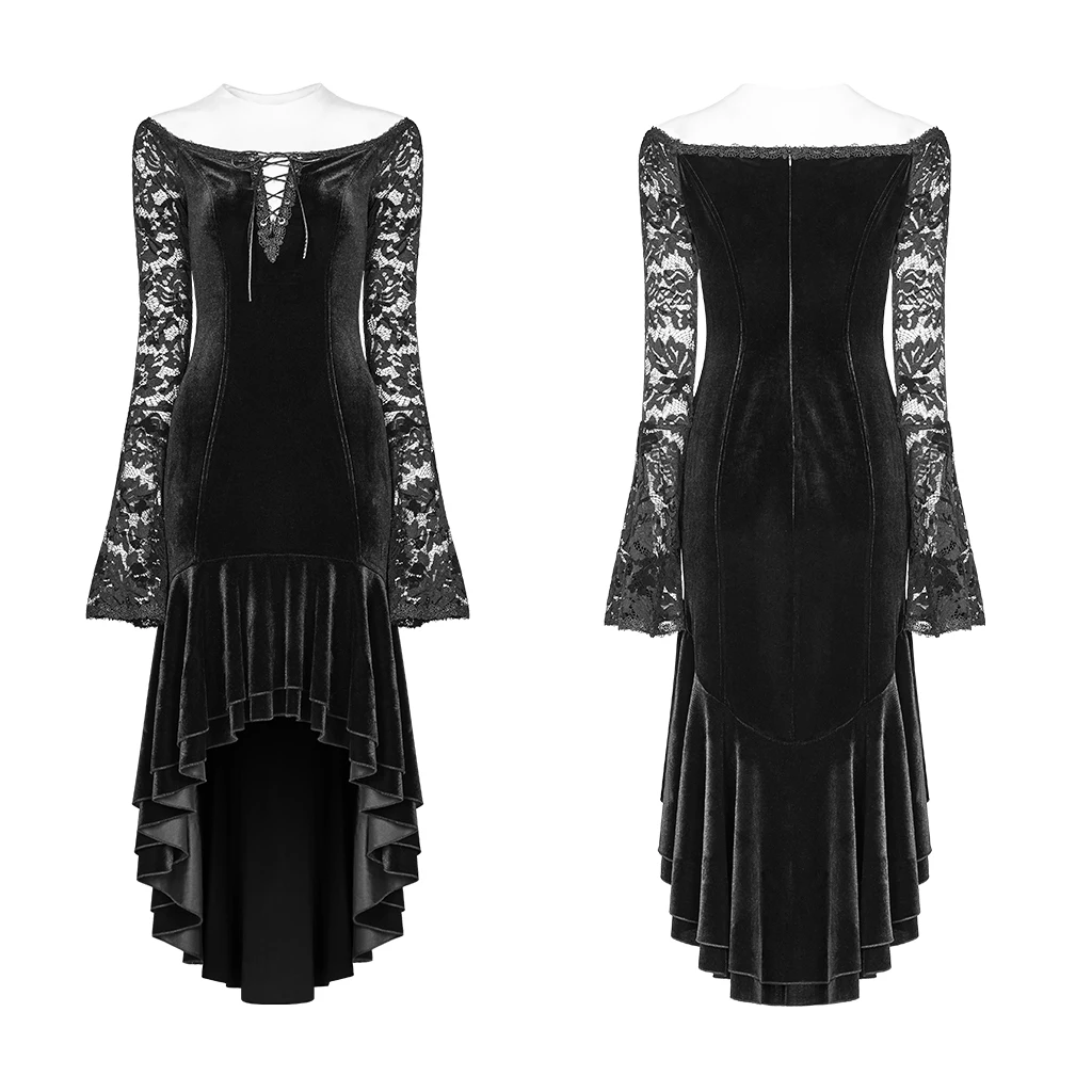 Панк рейв женский готический, викторианской эпохи бархат кружева с длинным рукавом черное платье без бретелек Рождество Хэллоуин вечернее сексуальное платье