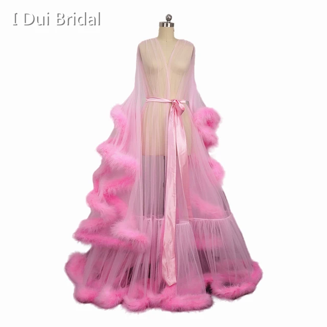 Bridal Boudoir Robe Pink Feather Bridal Sheer Robe Tulle Illusion Long