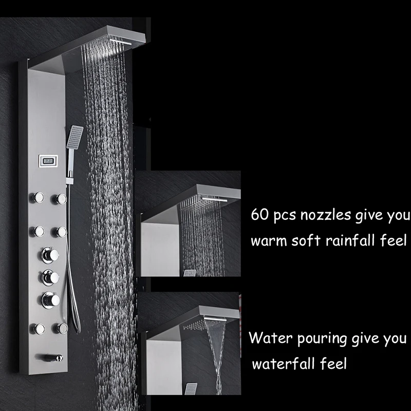 Термостатическая душевая панельная башня смеситель для душа из нержавеющей стали душевая Колонка Цифровой температурный дисплей струи массажная система для тела