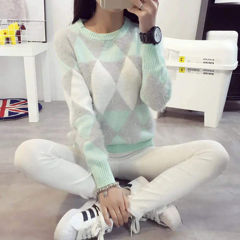 

Spring Autumn Women Fashion Female Pullovers Winter Sweater Pullover Long Sleeve Plaid Casual Ladies Sweaters