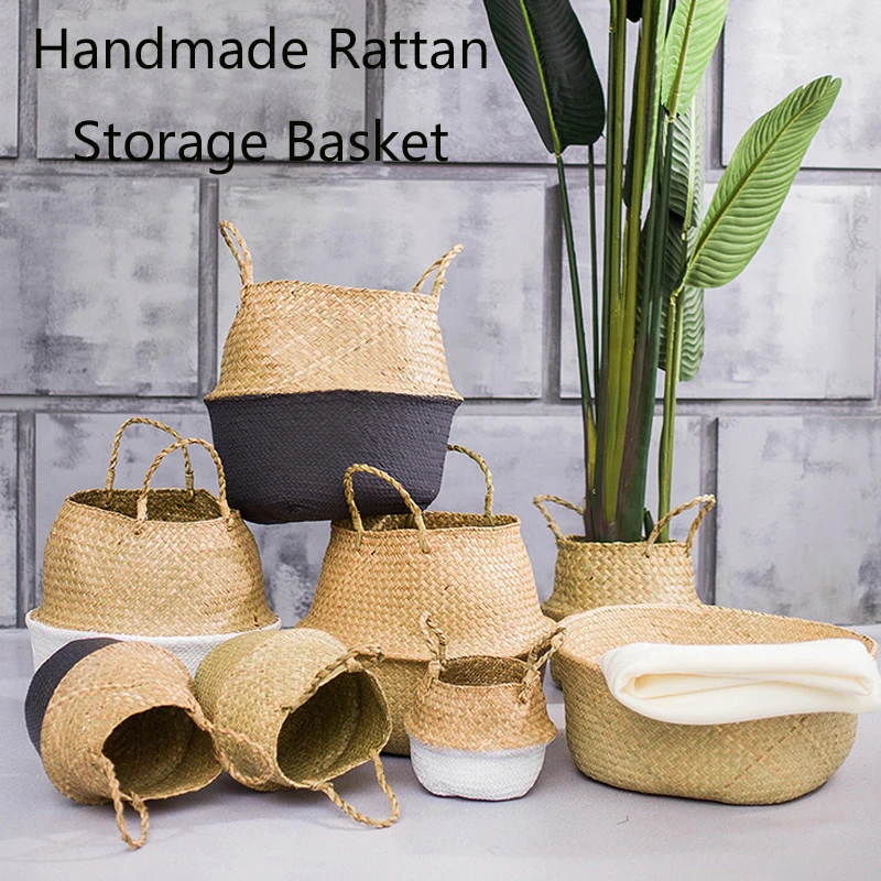 Garden Plant Flower Pot Handmade Rattan Storage Basket Foldable Seagrass Straw Hanging Woven Handle Toy Storage Container 1Pc