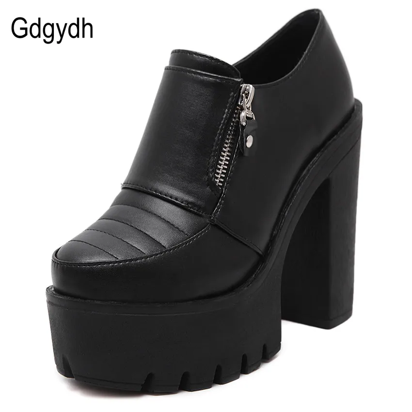 

Gdgydh Fashion 2017 Spring Black Women Pumps Thick High Heeled Round Toe Female Platform Shoes Casual Square Heels Zipers