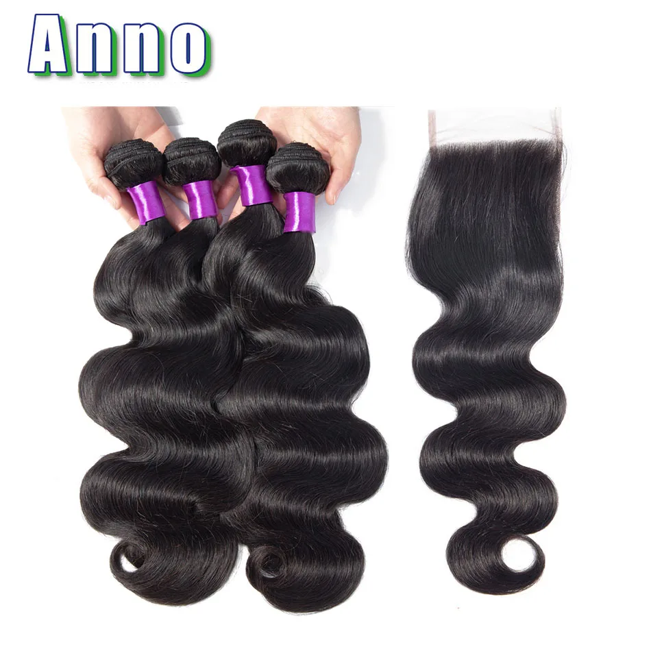 Malaysia Body Wave With Closure 4 Bundles Anno Hair Weave Bundle Non Remy Lace 4 Pcs Human Hair Bundle With Closure