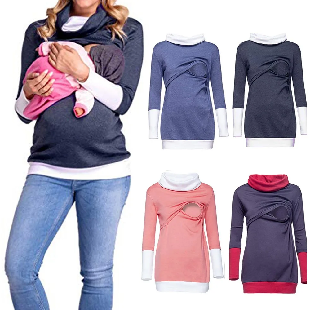 Pregnancy Clothes for Pregnant Women Autumn Daily Colorblock Maternity Nursing Wrap Top Long Sleeve Double Layer Cap T-shirt Pregnancy Clothes for Pregnant Women Autumn Daily Colorblock Maternity Nursing Wrap Top Long Sleeve Double Layer Cap T-shirt