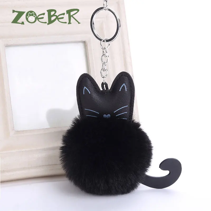 

ZOEBR Car Keyring Snow Fur Key Holder Rabbit Fur Ball Key Chain Black Cat Head Doll Keychain Animal Pompom Pendant Charm Jewelry