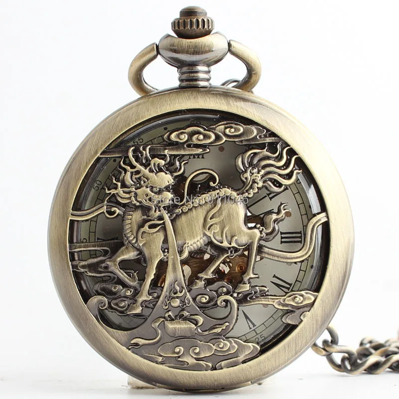 High Quality Hollowed Horse Bronze Mechanical Pocket Watch Roman Dial