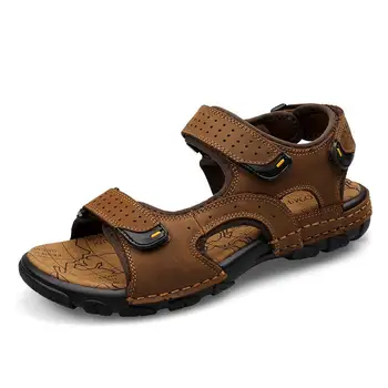 

Plus Size 25-65 Fashion Breathable Genuine Cow Leather Men Sandals Handmade Adjustable Hook & Loop Young Man Sandal Shoes