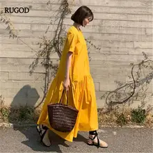 RUGOD Лето, корейское длинное платье макси, женская мода, короткий рукав, плиссированное, шикарное, свободное платье, офисное, женское, Пляжное, вечерние, однотонное платье