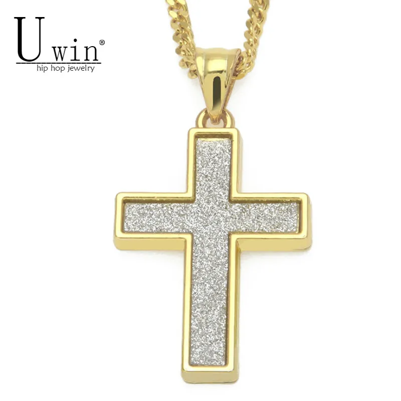 

UWIN Iced Sand Blast Pendant Charm For Women Gold Silver Color Cross Pendant Necklace Chain Men's Hiphop Jewelry