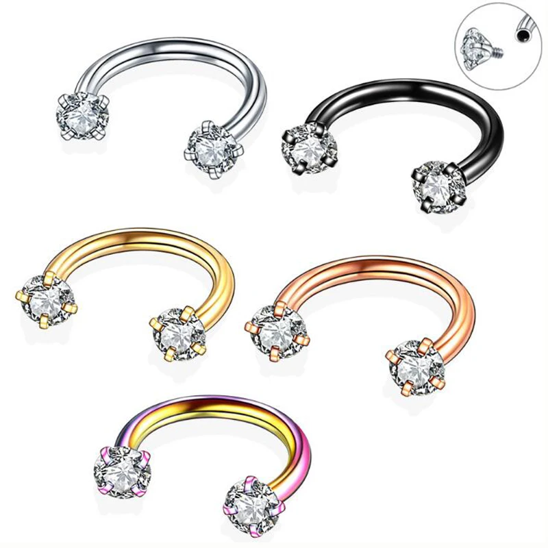 

1 Piece Rose Gold Internally Threaded Prong Gem Nose Ring Piercing Zircon Circular Barbells Horseshoe Nose Ring Lip BCR Tragus