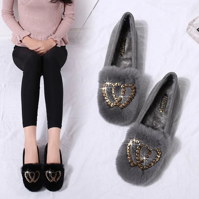 Heart shaped crystal flat women winter shoes plush famous