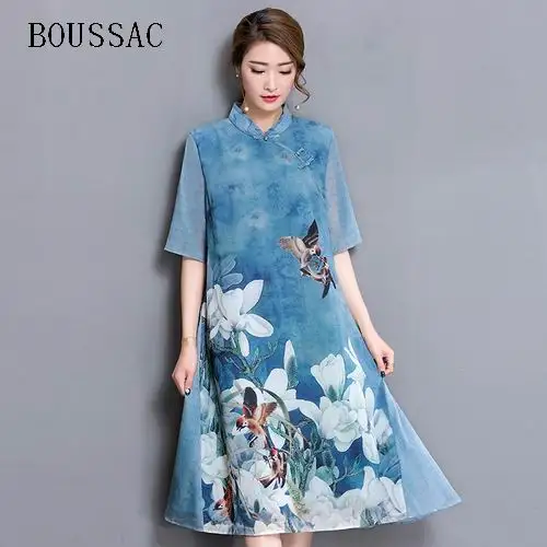 

Elegant Beauty Bird Floral Print Women Silk Dress Half Sleeve Spring Chinese Style Stand Collar Oblique Button Vintage Dresses
