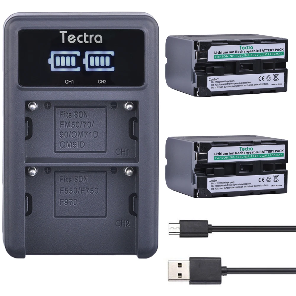 

Tectra 2pcs 7200mAh NP-F960 NP-F970 NP F970 NP F960 Battery + LED Display Universal USB Dual Charger for Sony Video Cameras