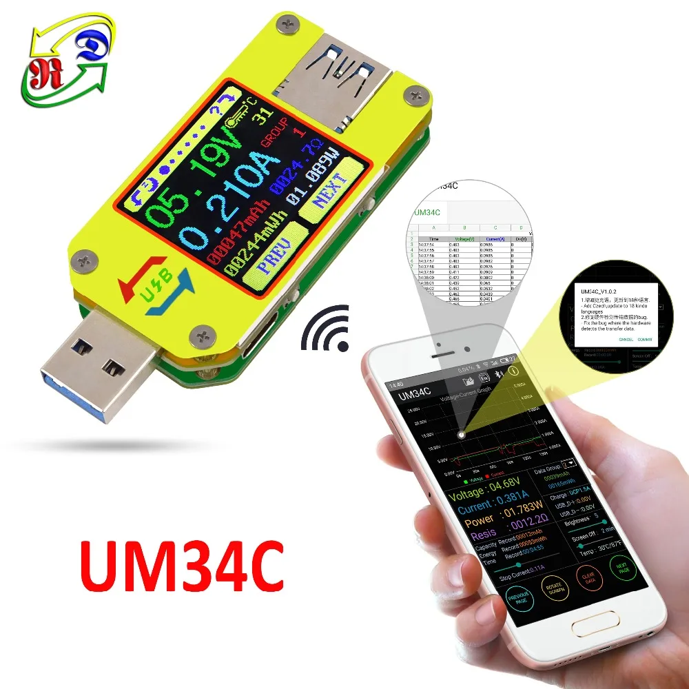 

UM34 UM34C for APP USB 3.0 Type-C DC Voltmeter ammeter voltage current meter battery charge measure cable resistance Tester