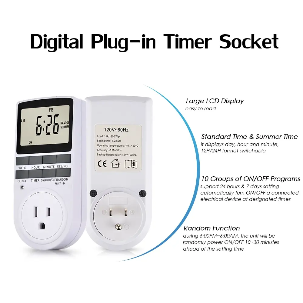 

Digital Plug-in Timer Socket LCD Display 10 Programmable Switching Programs Energy Saving Timer Socket for Electrical Appliances