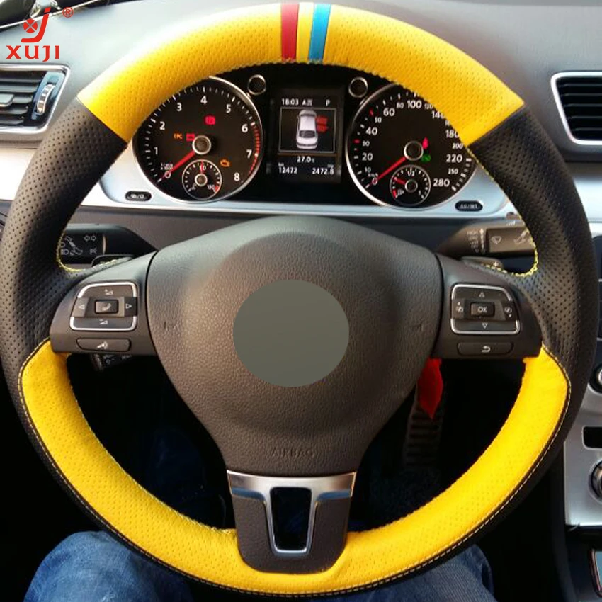 XUJI Black Yellow Genuine Leather Car Steering Wheel Cover for