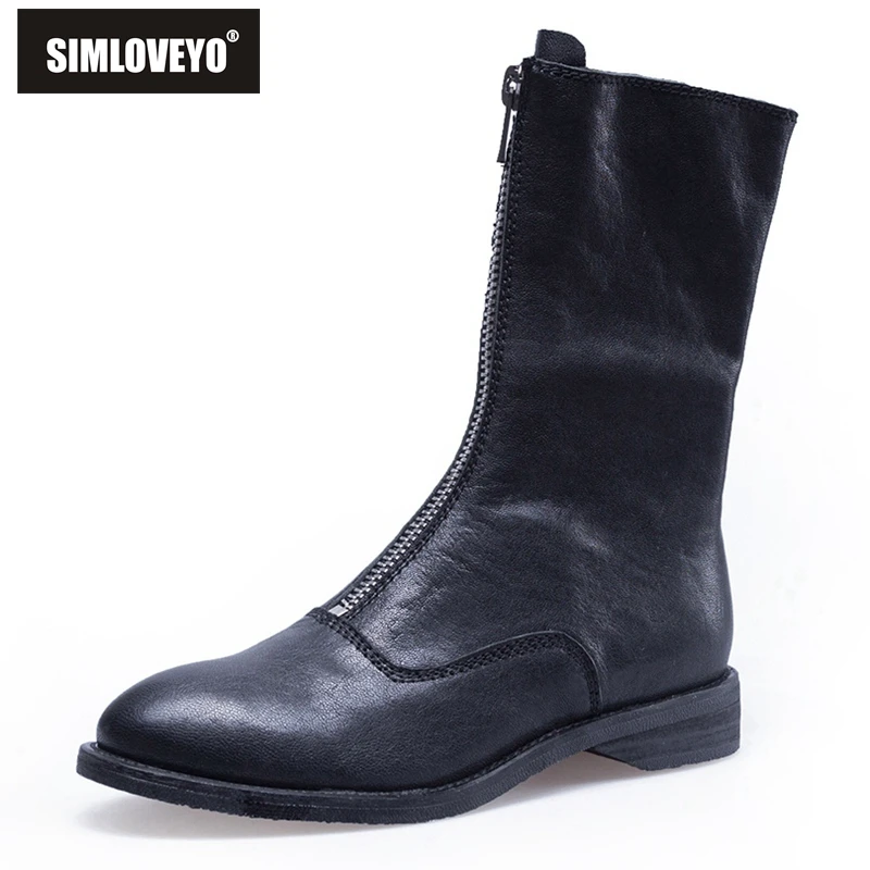

SIMLOVEYO Zapatos de mujer Women mid-calf boots Retro Round toe Flats shoes Zipper Cool Cowboy Black White Wine Botas mujer Sale