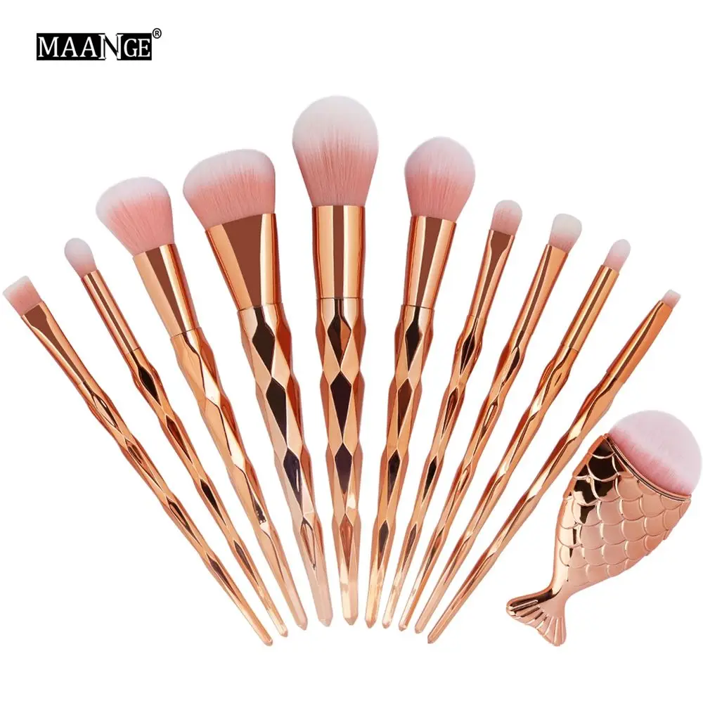 

11Pcs Diamond Rose Gold Makeup Brush Set Mermaid Fishtail Shaped Foundation Powder Cosmetics Brushes Rainbow Eyeshadow Brush Kit