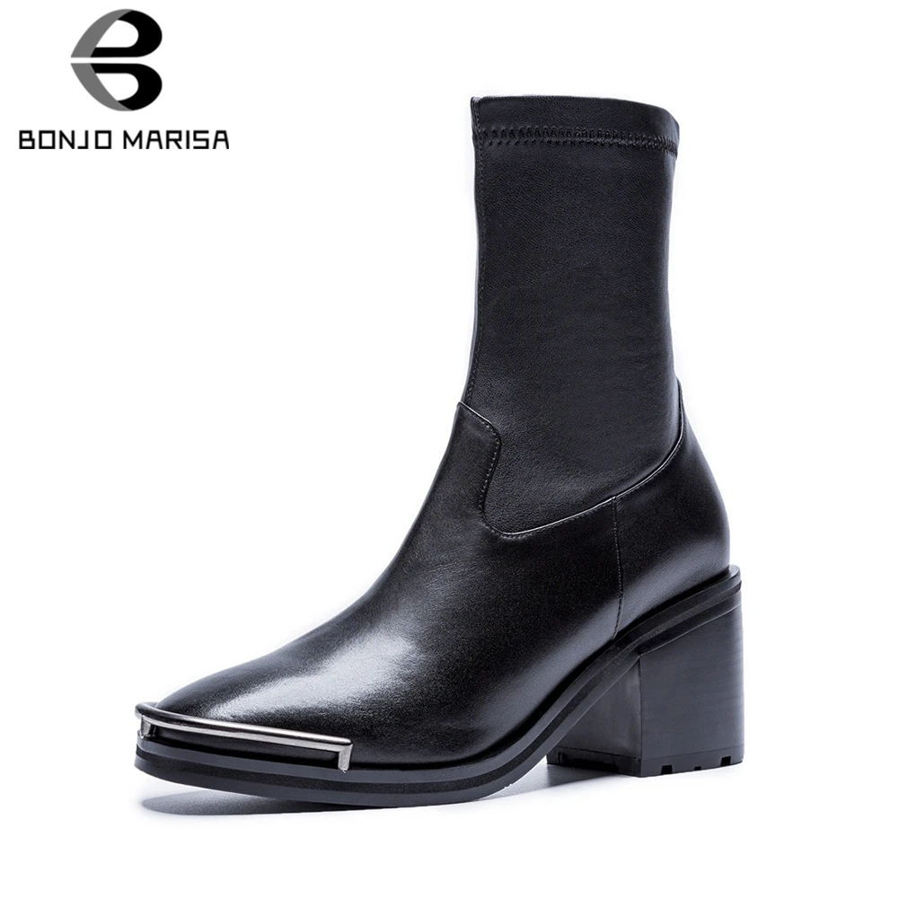 

BONJOMARISA Luxury Black Genuine Leather Ankle Boots Women 2020 Autumn Brand Platform Booties High Heels OL Shoes Woman