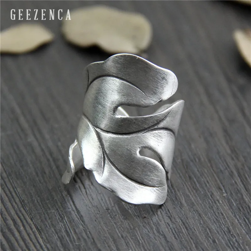 

925 Sterling Thai Silver Handcrafted Leaf Resizable Open Ring Vintage Fine Jewelry Punk Rock Cocktail Ring Unisex Party Gift