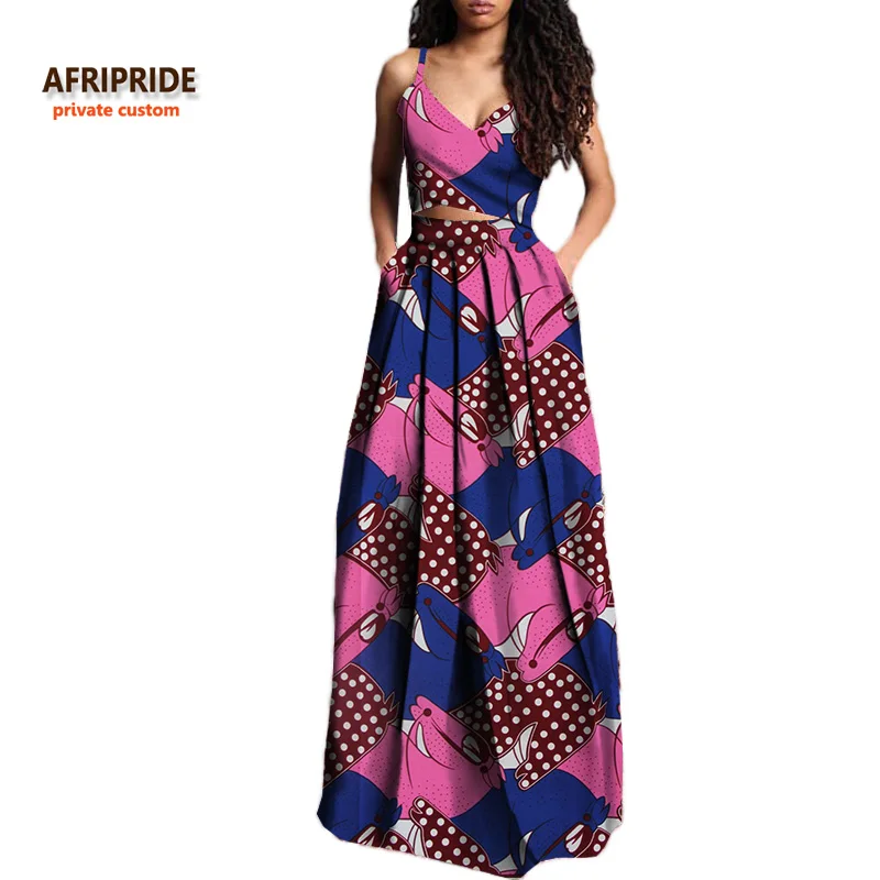 

2017 summer suit for women AFRIPRIDE private custom short sleeveless top+long pleated skirt plus size pure wax cotton A722629