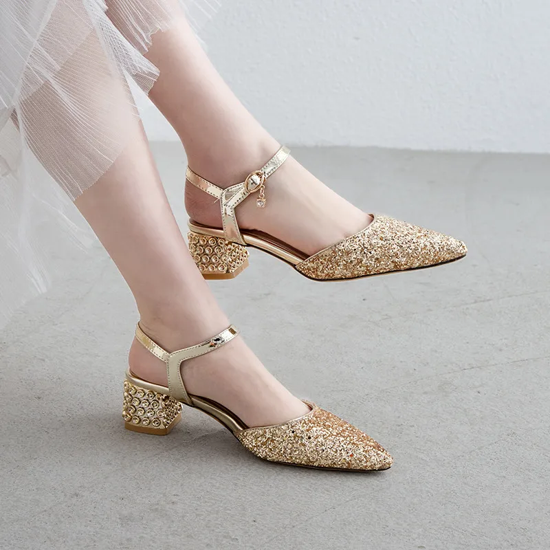 

YMECHIC 2019 New Arrival Summer Chunky Heels Closed Pointed Toe Bling Glitter Gold Silver Party Wedding Shoes Woman Sandals 43