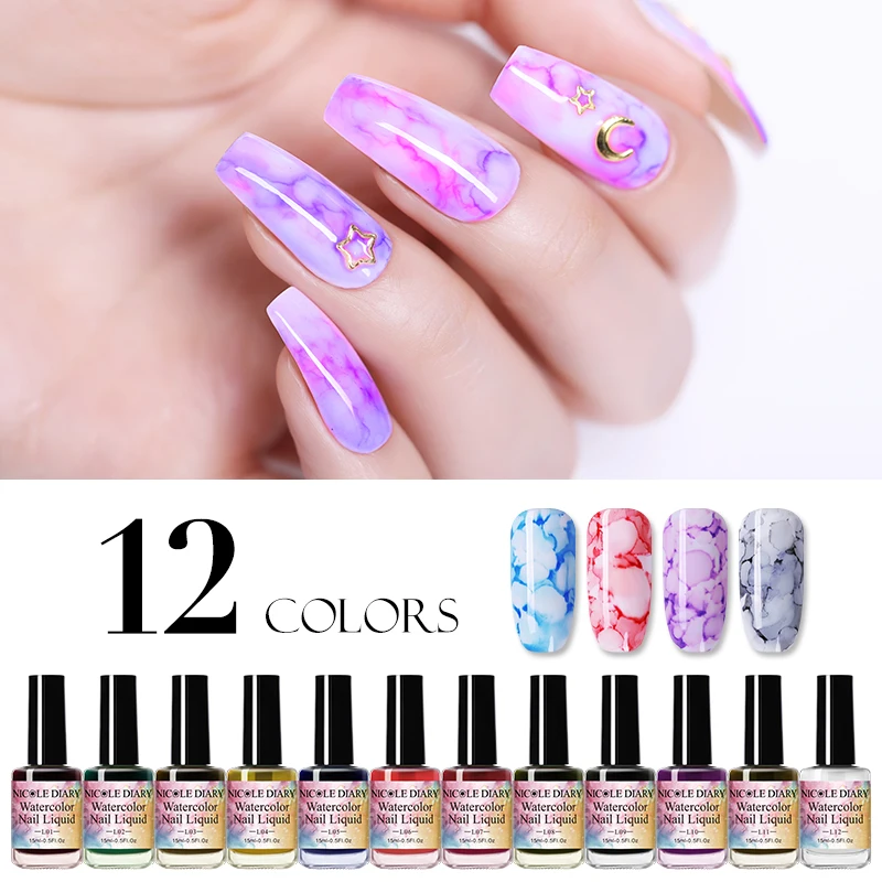 

NICOLE DIARY 15ml Purple Green Watercolor Nail Ink Blossom Nail Polish Varnish Nail Art Manicure DIY Nail Blossom
