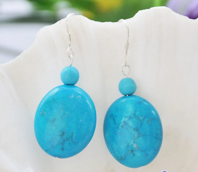 

Free shipping S1842 25mm round ellipse blue turquoise bead dangle earring 925silver