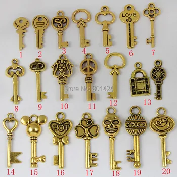 

64-1055 Assorted Zinc Alloy Antique gold key charm Pendant bunge bedstraw herb skull heart lock hot love peace key beads