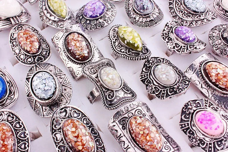 Wholesale Bulk 12Pcs Fashion Jewelry Overszie Shell Gem Stone Silver