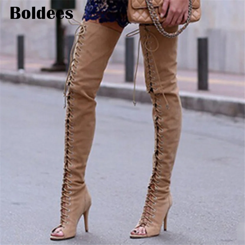 

Suede Lace Up Thigh High Boots Sexy Peep Toe Hollow Out Strappy Gladiator Summer Boots Women Over The Knee Botas Mujer