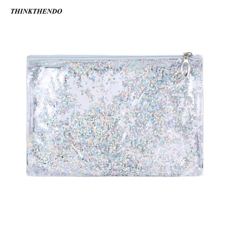 Thinkthendo 2018 جديد موضة الترتر pvc ماكياج زيبر الصلبة وسادة حالة الحقيبة التجميل حقيبة واضح الزينة حامل