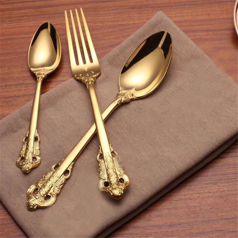 

Retro Vintage Embossed Carve Gold Tableware Set Long Handle Spoons & Forks Ice Cream Tea Coffee Spoon Home Tableware
