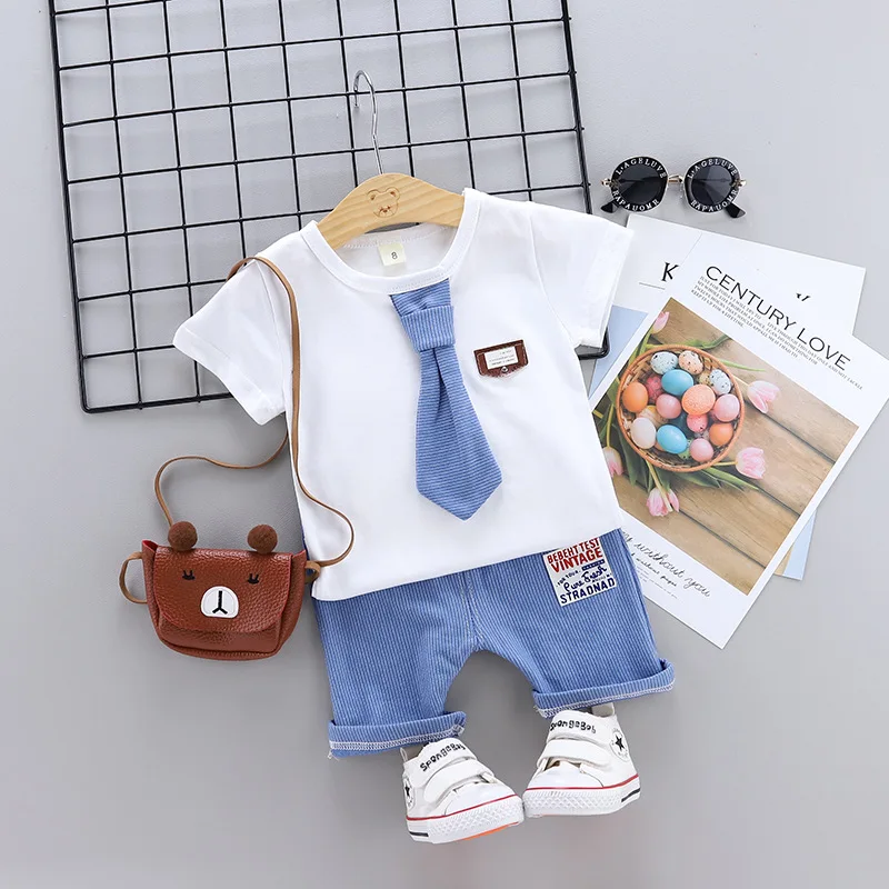 Комплект одежды для мальчиков, новинка года, летняя детская одежда комплект из двух предметов в полоску с бантом для маленьких мальчиков возрастом от 1 года до 4 лет - Цвет: Хаки