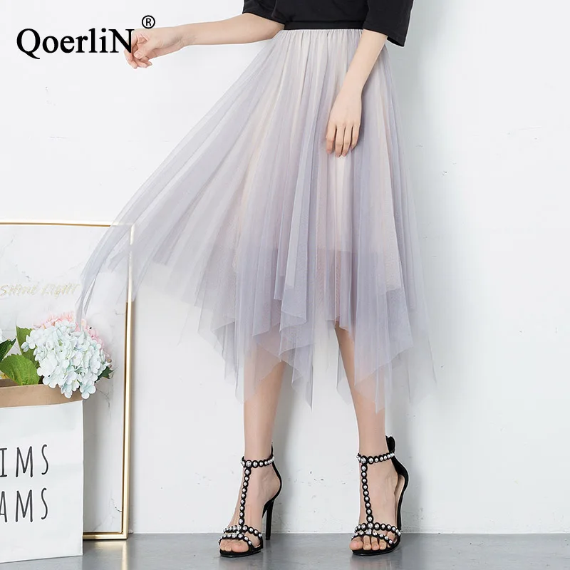 

QoerliN Vintage Mesh Pleated Skirts Women 2019 Summer High Waist Skirts Fashion Dance Skirt Female Korean Style Skirt Streetwear