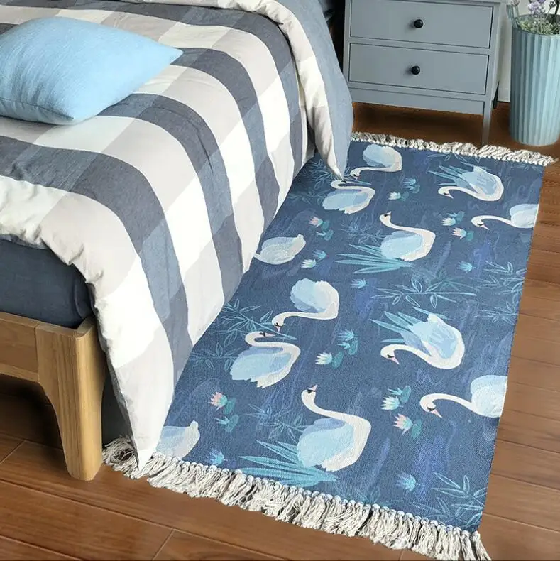 Ковер с принтом скандинавского лебедя, льняные прикроватные коврики с татами, хлопковый коврик с бахромой, многофункциональный коврик для спальни