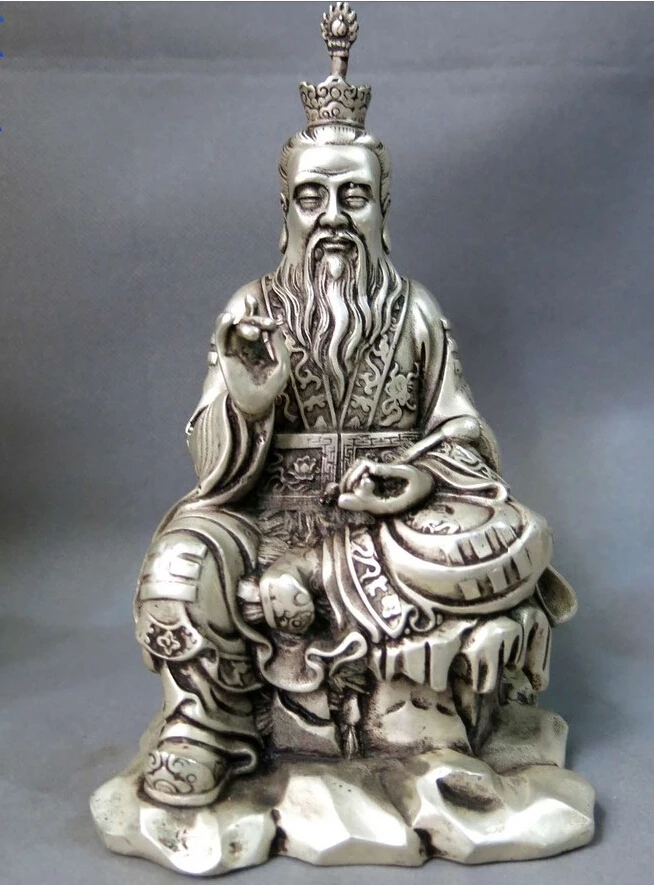 

8" China silver feng shui lucky carved Taoism Sanqing Lao-zi sculpture Statue