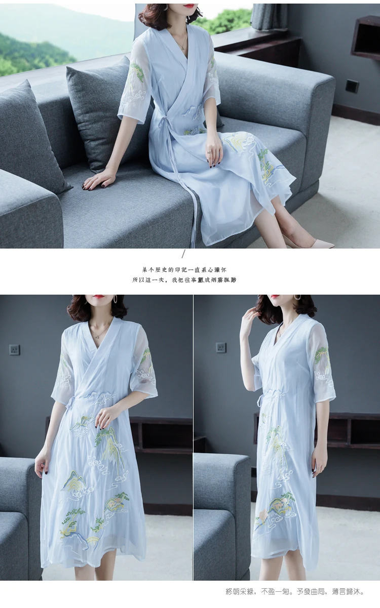 Summer Dress Women Casual 3/4 Sleeve V Neck Ladies Vintage Floral Embroidery Sundress Female Vestidos