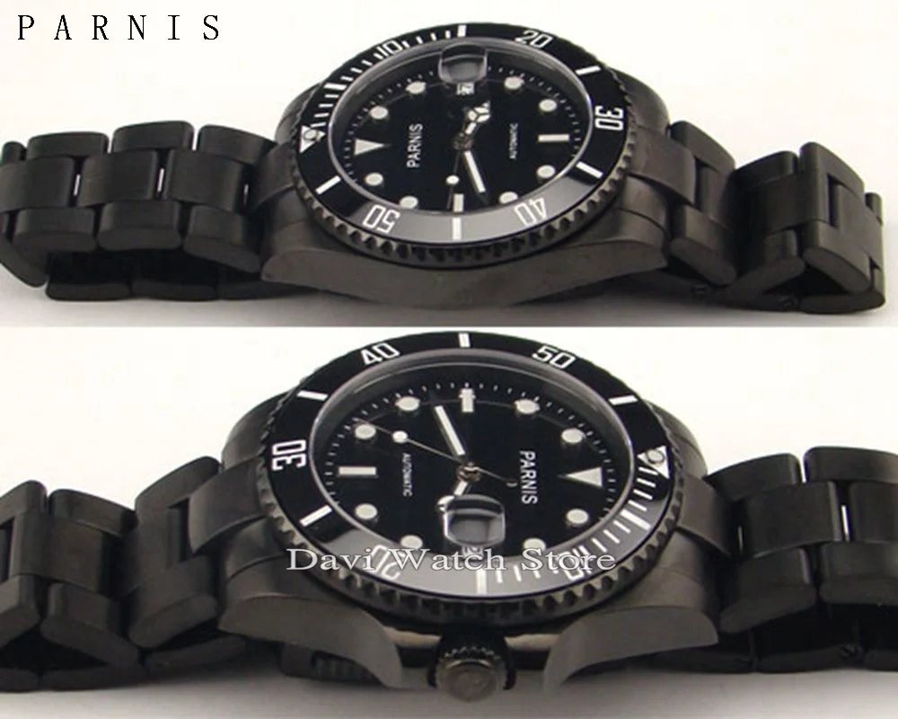 Parnis 40 мм черный корпус из нержавеющей стали черный циферблат керамический ободок сапфировое стекло, автоматические мужские часы с pvd-покрытием