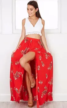 

2020 Women's Floral Printing Bohemian Long Maxi Skirts Beach Holiday A-line Low Waist Split Skirts with Bow Sexy Boho Skirt