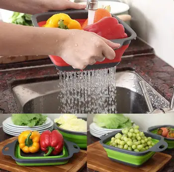 

Fruit storage box Foldable Silicone Colander Fruit Washing Basket Strainer Collapsible Drainer Kitchen Tool Green Red